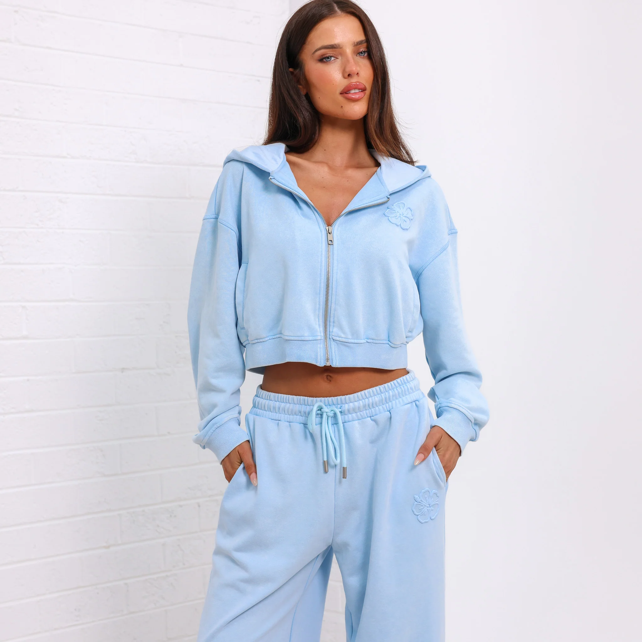 Cropped Zip Through Hoodie - Baby Bluebell - Image 2